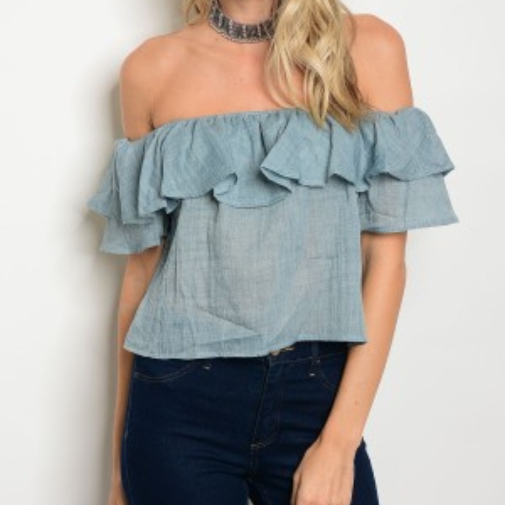 Plus Size Blue Cotton Cold Shoulder/Peasant top